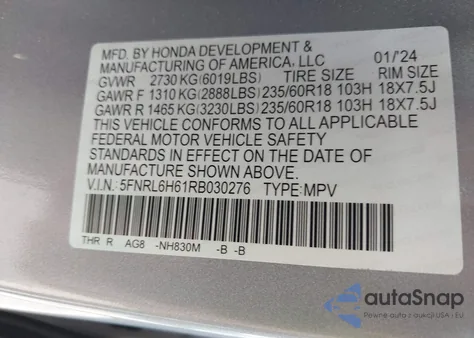 2024 Honda Odyssey Ex-L from USA, damaged, VIN 5FNRL6H61RB030276